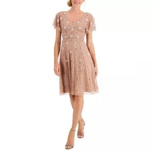 Adrianna Papell Floral Beaded Dress in Rose Gold